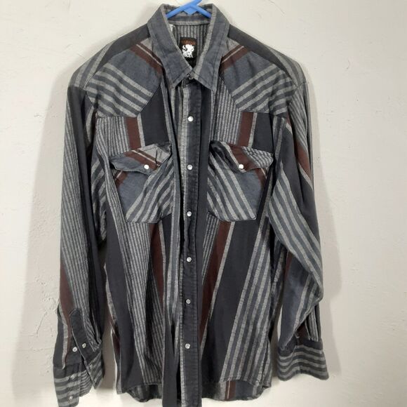 KARMAN Adult Mens L Pearl Snap Shirt Gray Cowboy Western Plaid Flannel - Picture 1 of 9